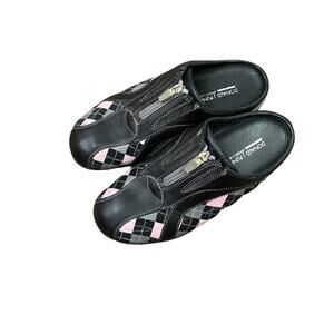 Donald J Piner Sport-I-que Argyle Plaid Black/Pink Slide-on Loafers Size 7
